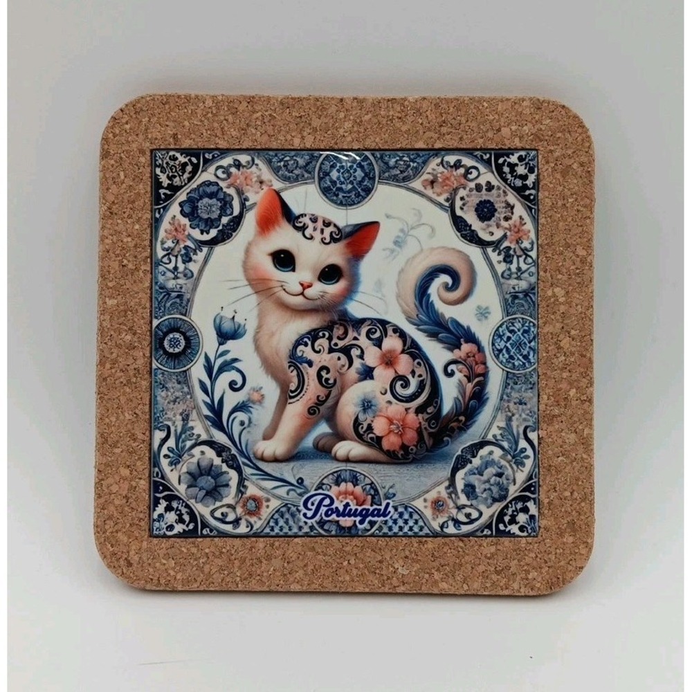Portuguese Portugal Ceramic Tile Trivet For Kitchen Cats Cork Blue 7.5x7.5